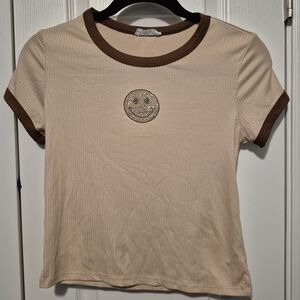 Beautees Beige and Brown Smiley Face Tee
